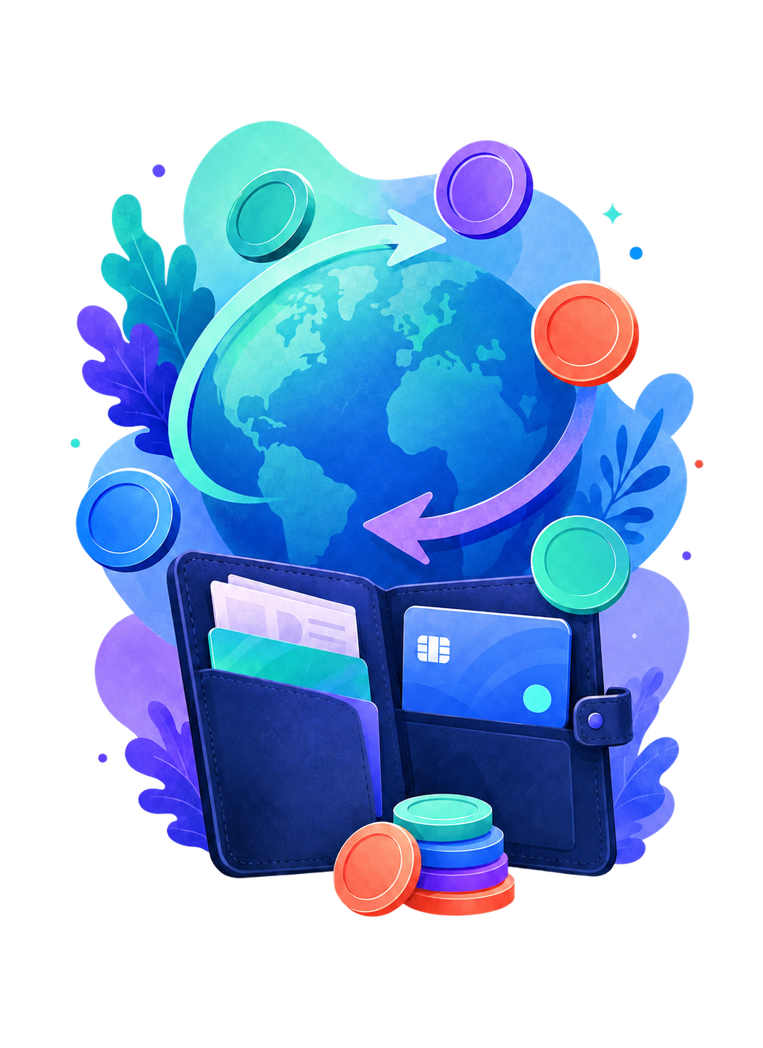 Currency cards orbiting a globe