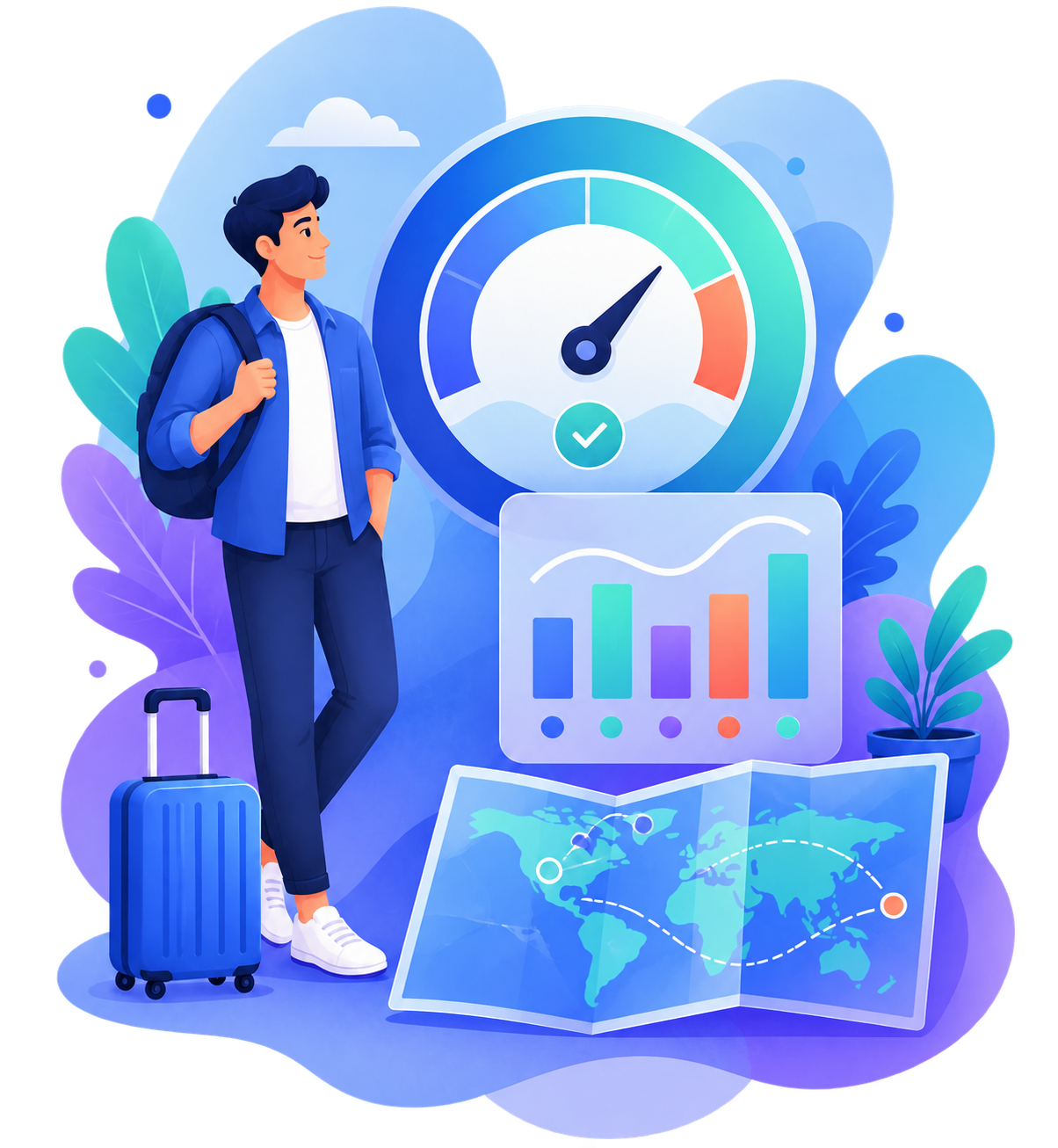 Traveller reviewing a spending chart and world map