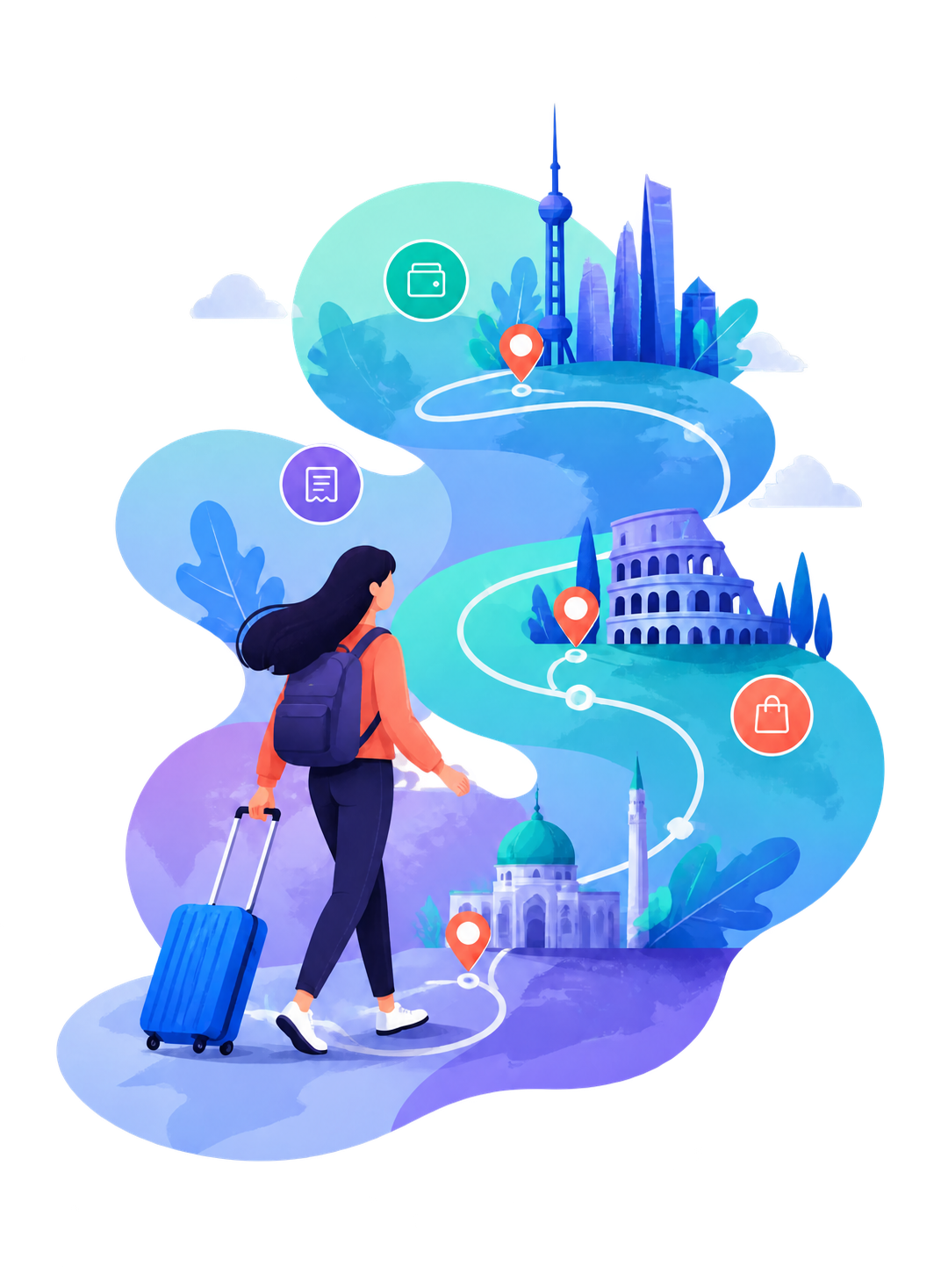 Traveller following a route through several cities